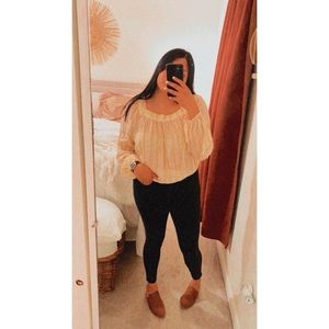 LC Lauren Conrad Square Neck Blouse Peach Peasant Sleeves Stripes White